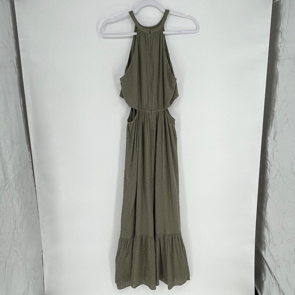 AQUA Olive Green Swiss Dot Halter Maxi Dress Side Cutout Boho Festival Prairie S - Picture 3 of 10